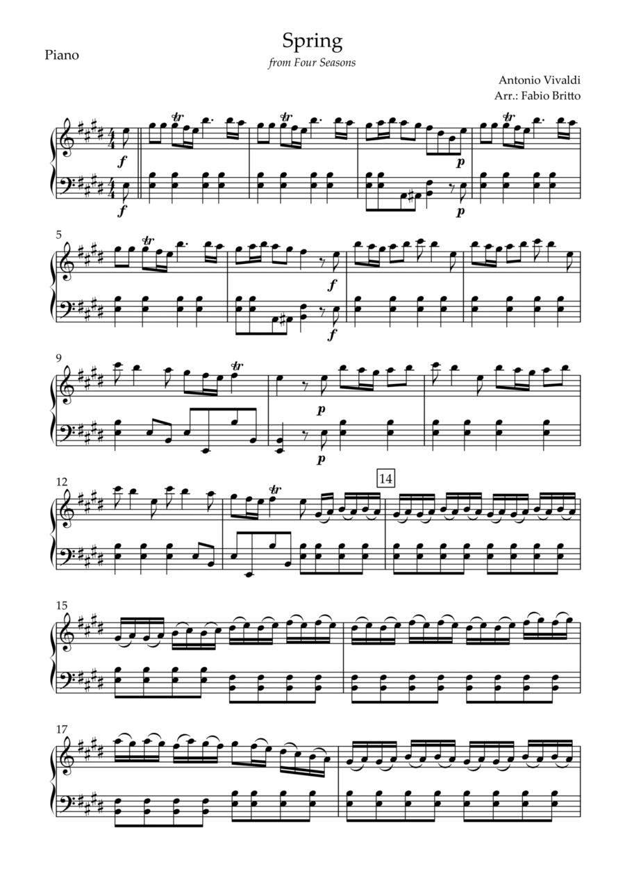 Spring (from Four Seasons of Antonio Vivaldi) for Piano Solo Spring (from Four Seasons of Antonio Vivaldi) for Piano Solo Piano Solo scores gallery preview page 1