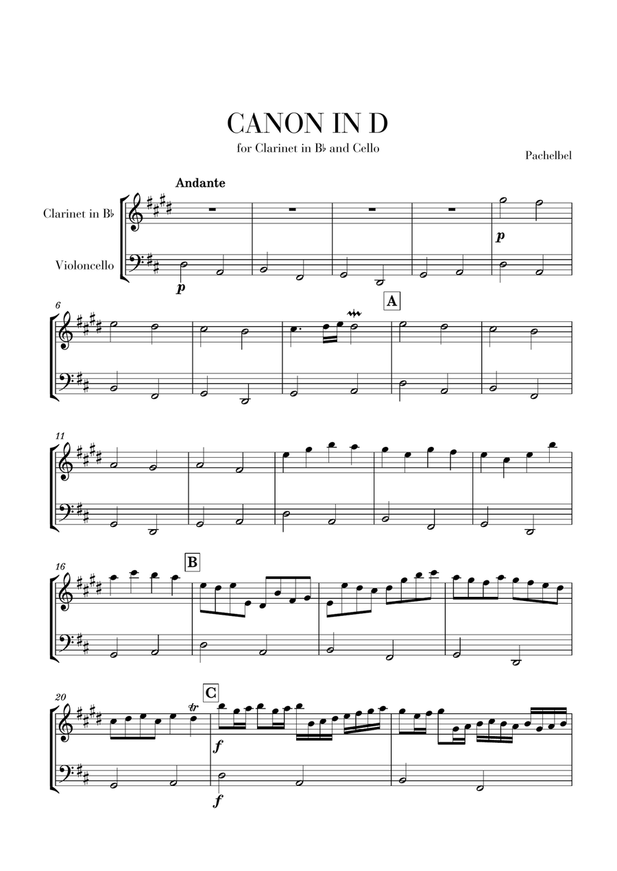 Canon in D for Clarinet in Bb and Cello by Johann Pachelbel B Flat Clarinet Digital Sheet Music Sheet Music Plus