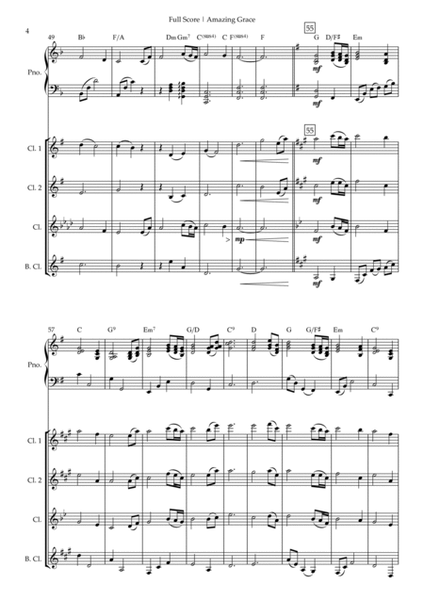Amazing Grace (John Newton, E. O. Excell) for Clarinet Quartet and Piano Accompaniment with Chords image number null
