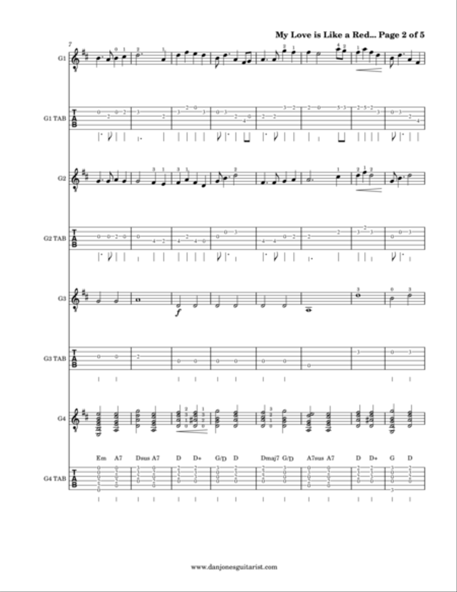 My Love is Like a Red, Red Rose (Guitar Quartet Version) Guitar Ensemble scores gallery preview page 2