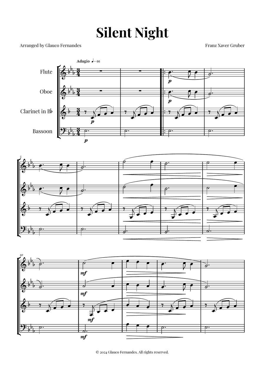 Silent Night | BEAUTIFUL Arrangement Woodwind Quartet scores gallery preview page 1