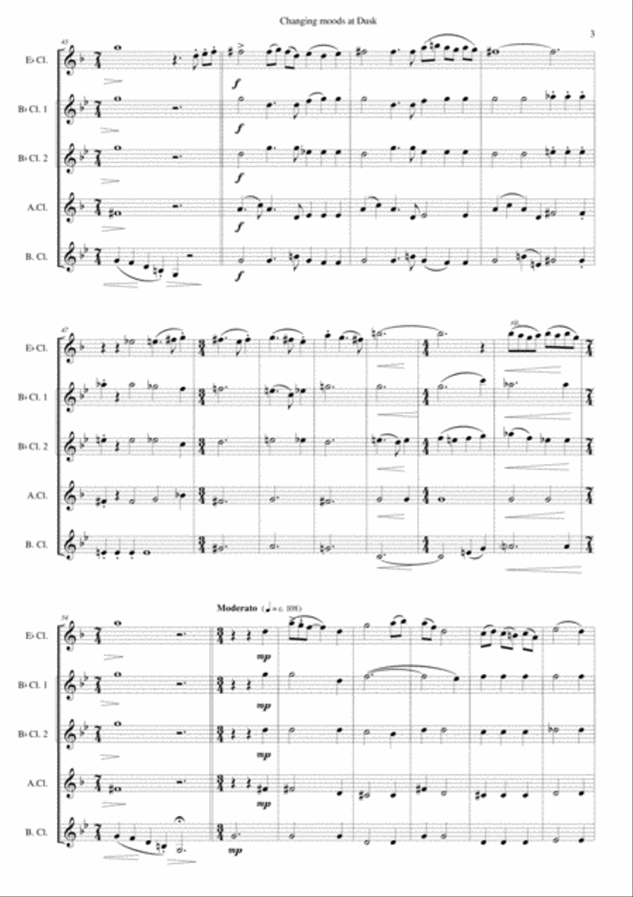 Changing moods at dusk for clarinet quintet (E flat, 2 B flats, Alto, Bass) Clarinet Quintet scores gallery preview page 3