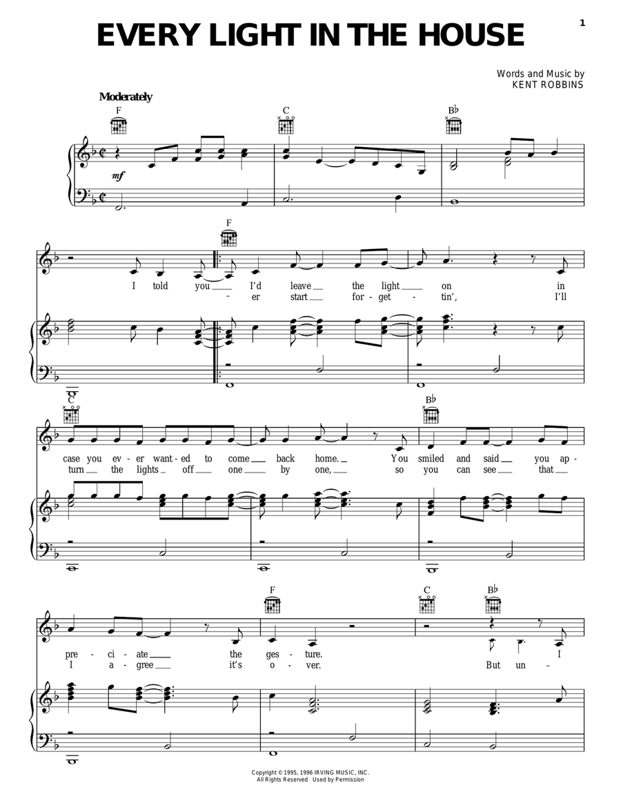 Every Light In The House Piano, Vocal, Guitar scores gallery preview page 1