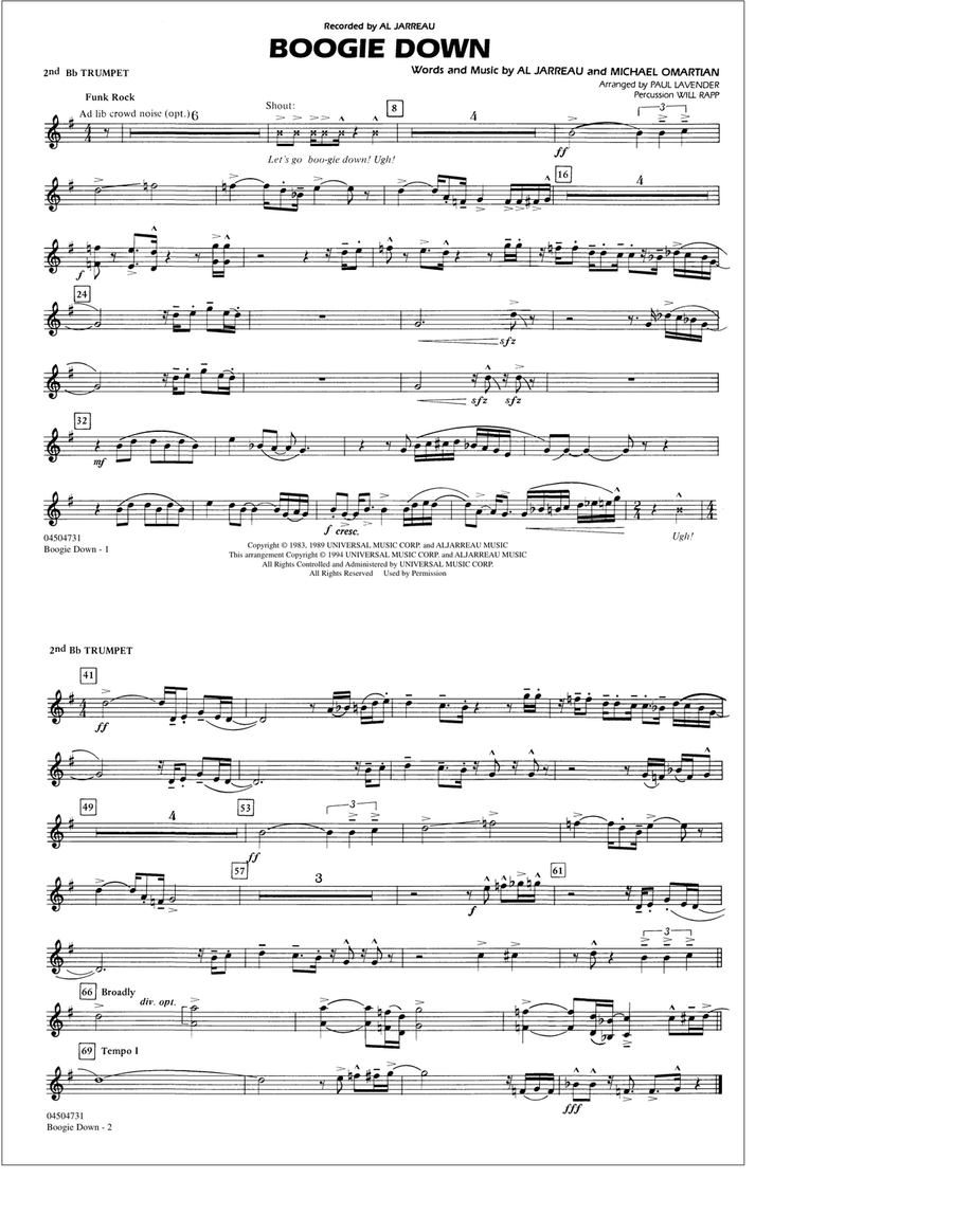 Boogie Down - 2nd Bb Trumpet Marching Band scores gallery preview page 1