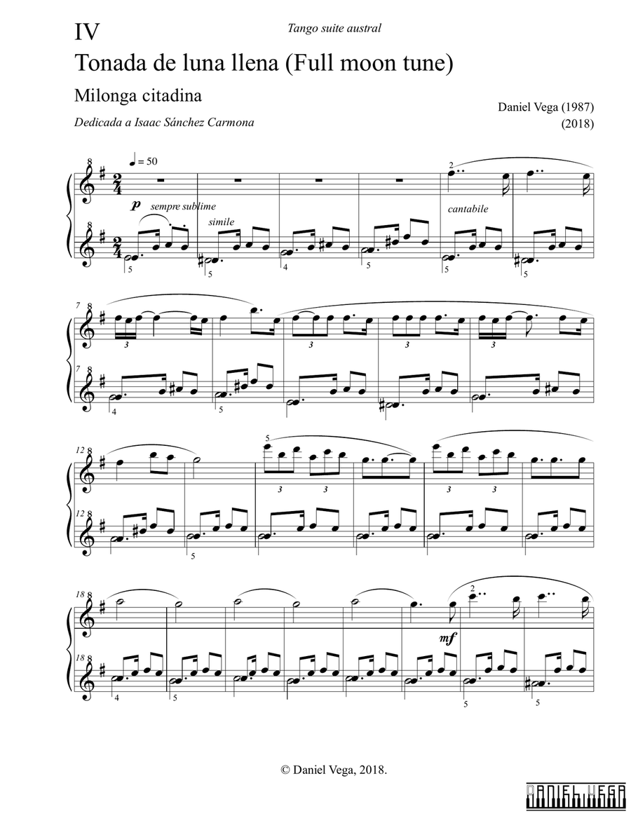 Full Moon Tune (Tonada de luna llena). Milonga citadina -Latin American Dance- Piano Solo scores gallery preview page 1