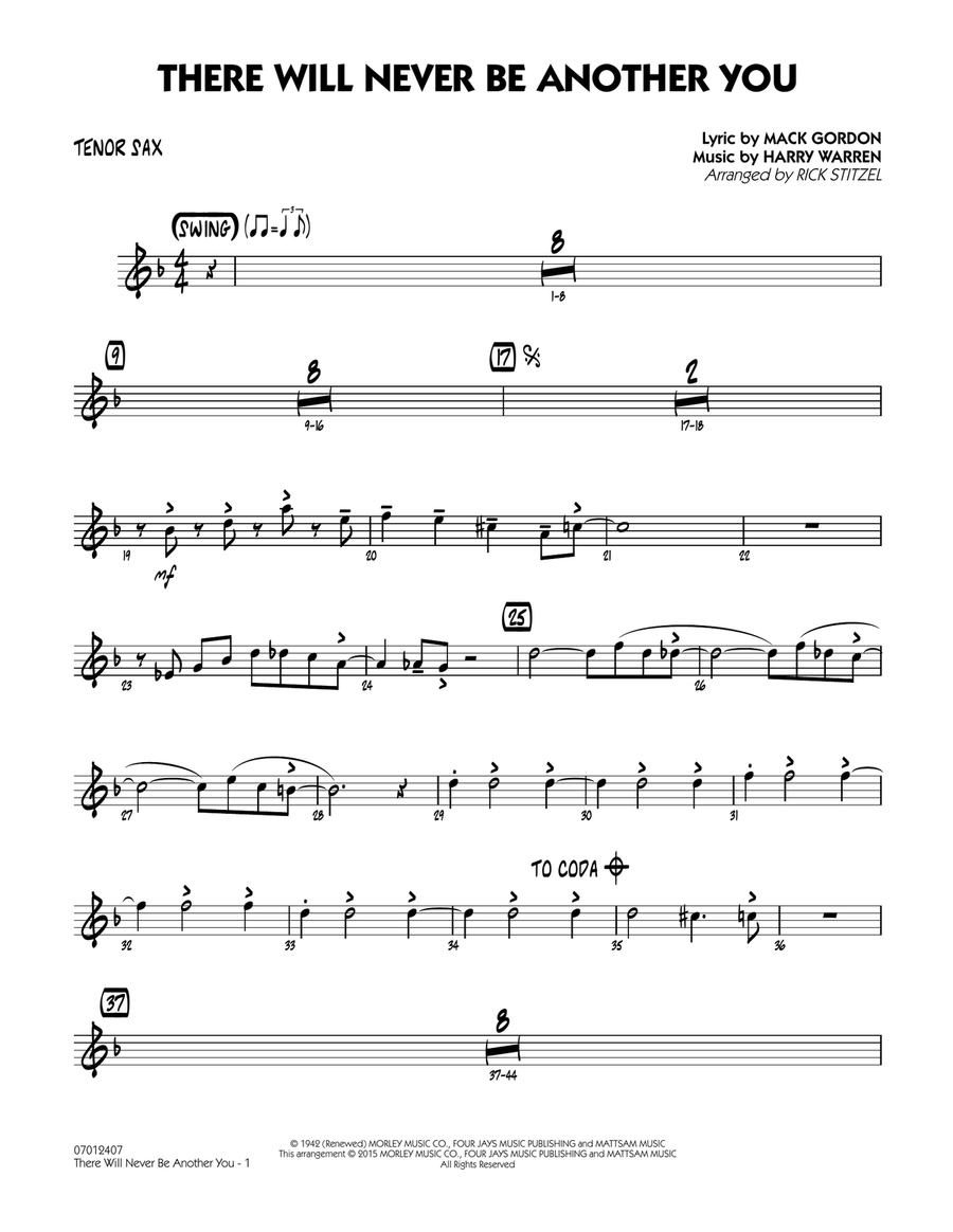 There Will Never Be Another You Tenor Sax by Mack Gordon Jazz