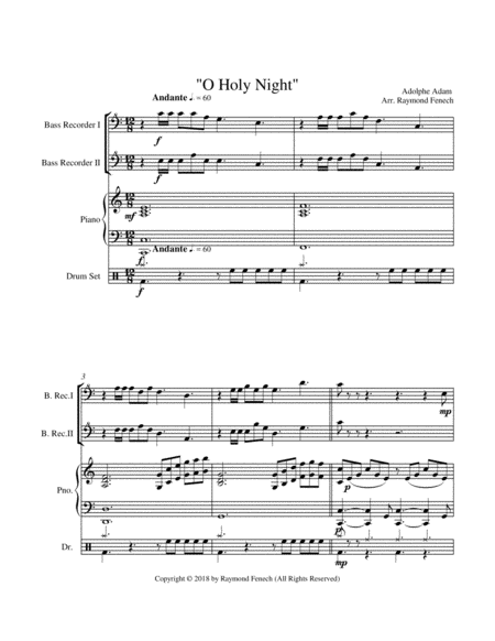 O Holy Night - 2 Bass Recorders, Piano and Optional Drum Set - Intermediate Level image number null
