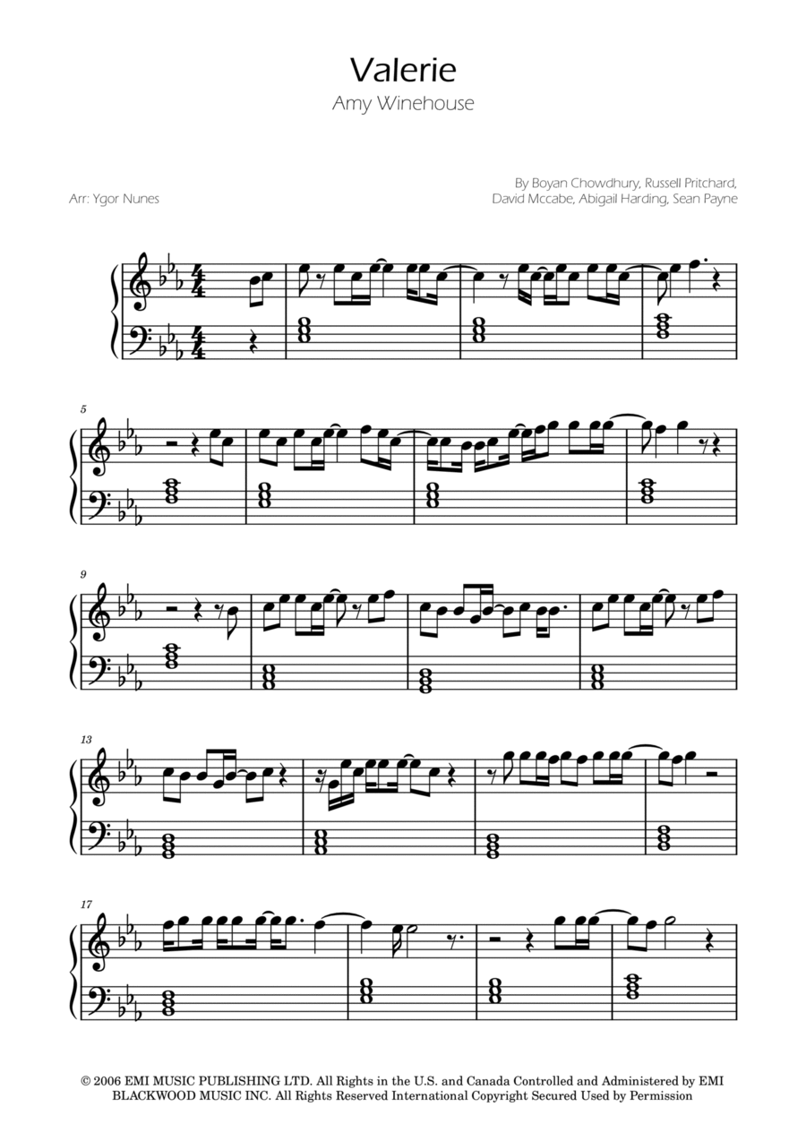 Valerie Easy Piano scores gallery preview page 1