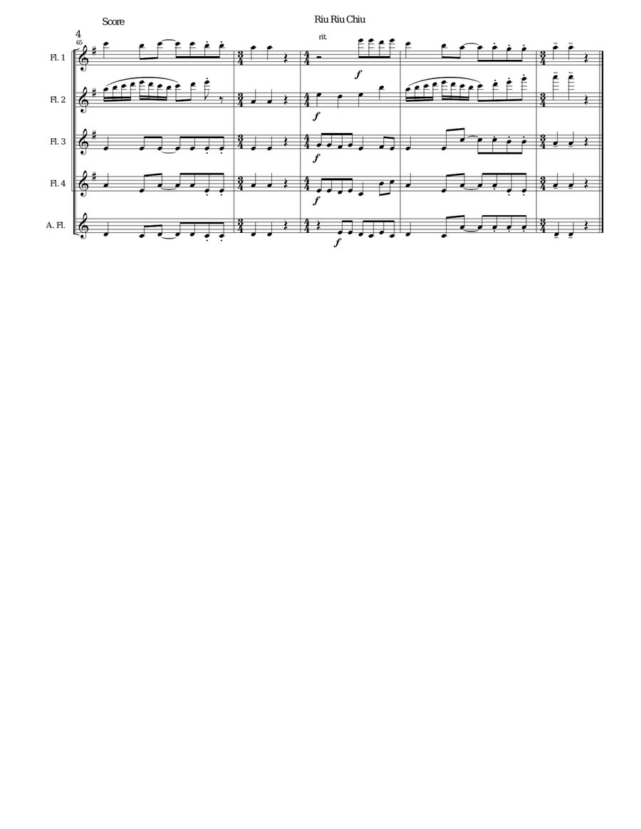 Riu Riu Chiu arranged for flute quintet (4 flutes and 1 alto flute) Flute Solo scores gallery preview page 4