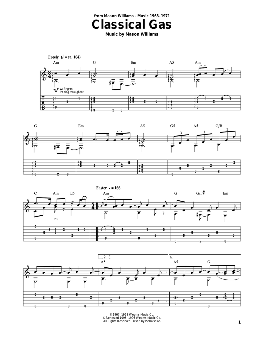 Classical Gas by Mason Williams Acoustic Guitar Digital Sheet