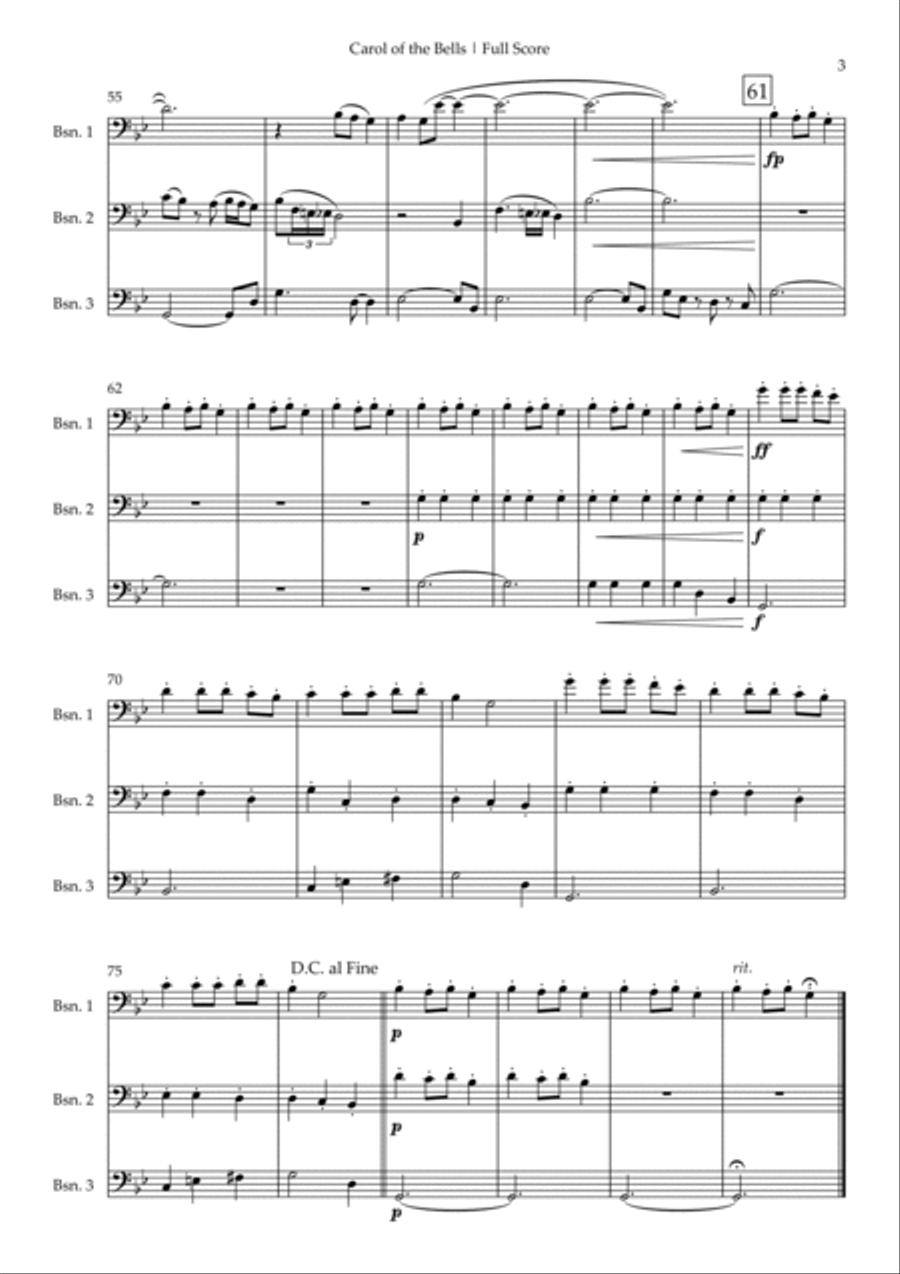Carol of the Bells in Jazz Version (Christmas Song) for Bassoon Trio Woodwind Trio scores gallery preview page 3