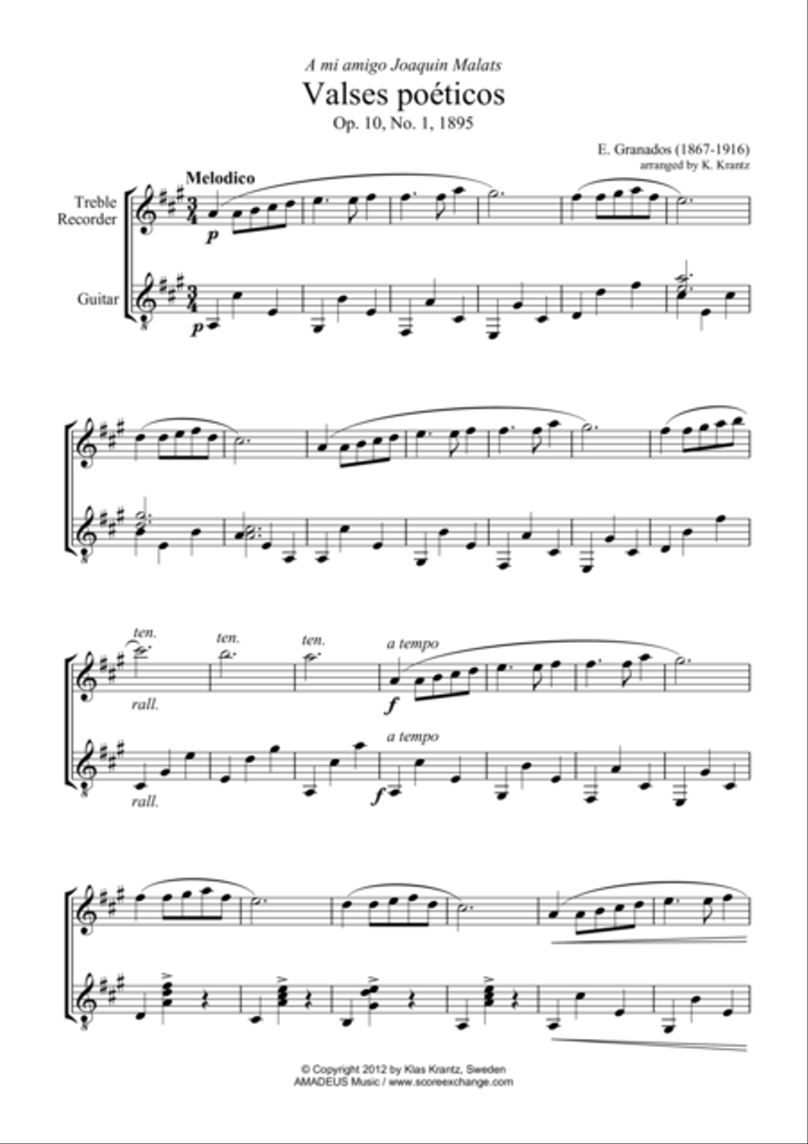 Valses poeticos Op. 10, No. 1 for treble recorder and guitar Alto Recorder scores gallery preview page 1