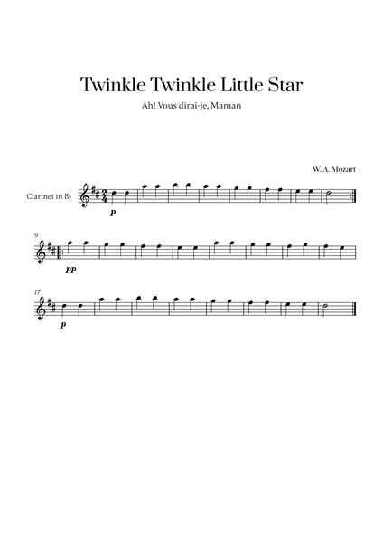 W. A. Mozart - Twinkle Twinkle Little Star for Clarinet in Bb Solo image number null