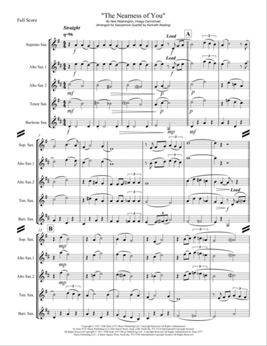 The Nearness Of You Saxophone Quartet scores gallery preview page 2