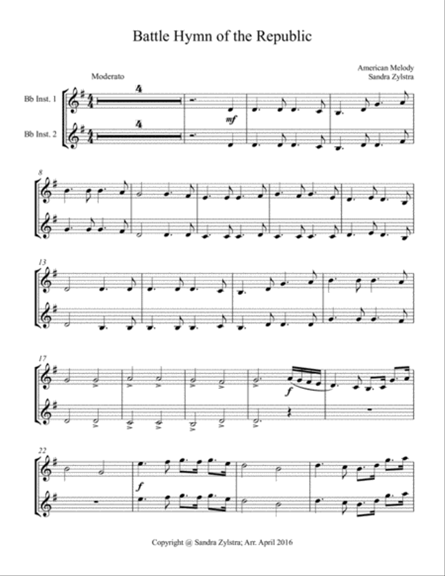 Battle Hymn of the Republic (treble Bb instrument duet, parts only) Piano scores gallery preview page 1