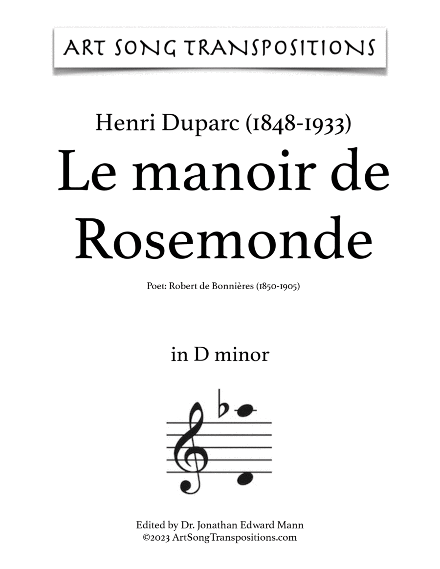 DUPARC: Le Manoir de Rosemonde (transposed to D minor) Voice scores gallery preview page 1