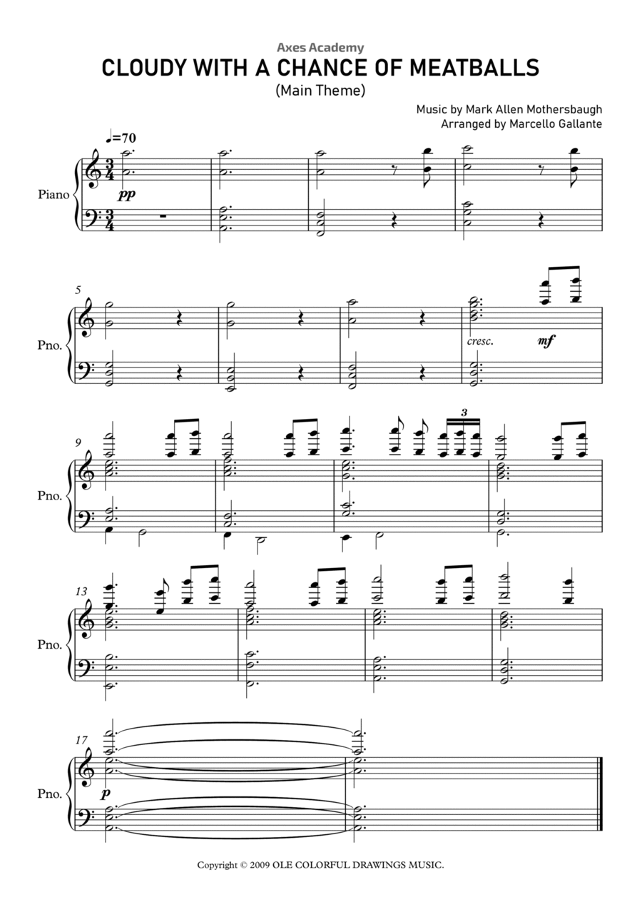 Cloudy With A Chance Of Meatballs Main Title Theme Piano Solo scores gallery preview page 1
