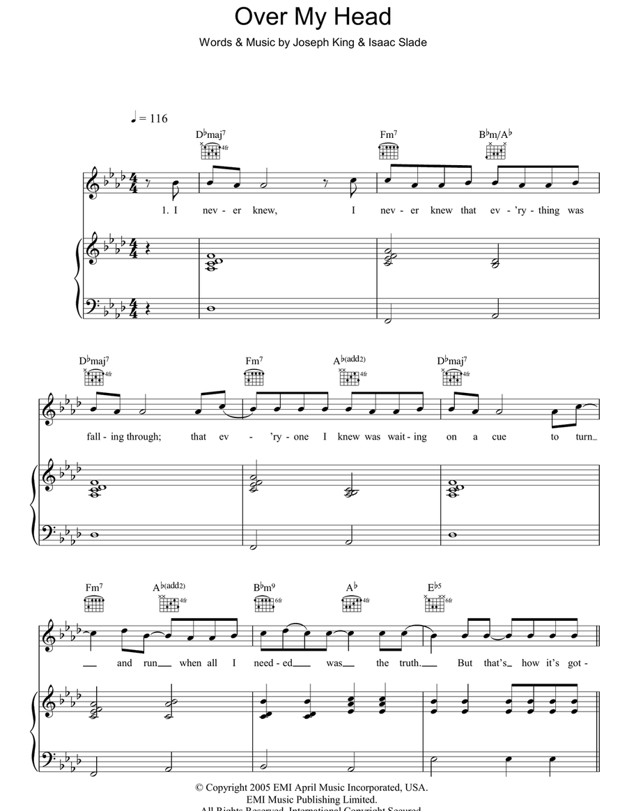 Over My Head (Cable Car) Piano, Vocal, Guitar scores gallery preview page 1