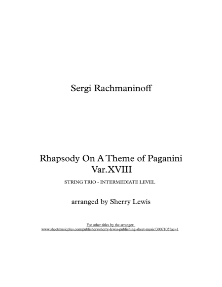 RHAPSODY ON A THEME OF PAGANINI - String Trio, Intermediate Level for 2 violins and cello or violin, image number null