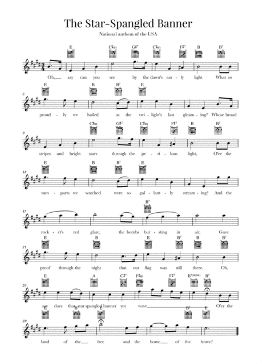The Star Spangled Banner (National Anthem of the USA) - Guitar - E-major Small Ensemble scores gallery preview page 1