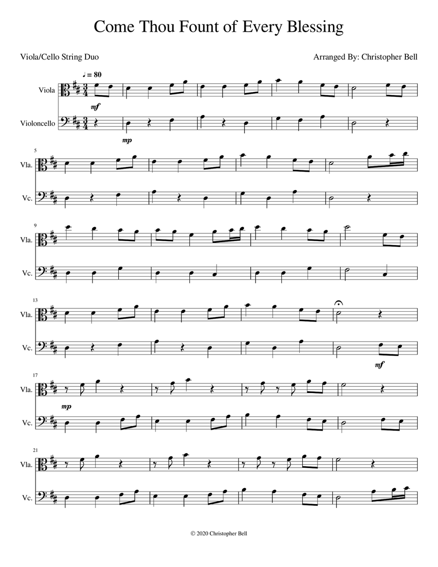 Come Thou Fount of Every Blessing - Viola/Cello Duet String Duet scores gallery preview page 1