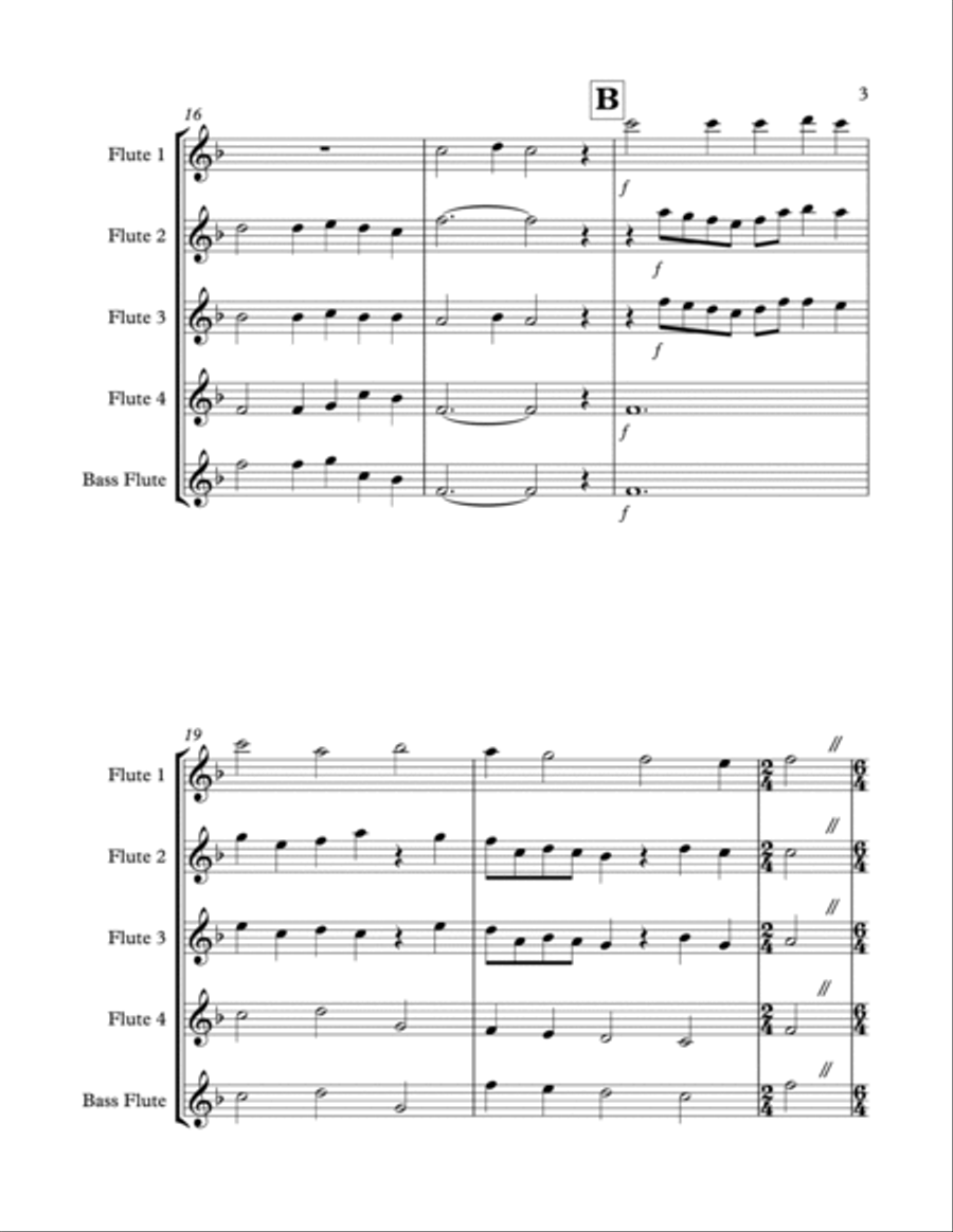 Lo, How a Rose E'er Blooming arranged for 4 C flutes or 3 C flutes and bass flute Flute Quartet scores gallery preview page 4