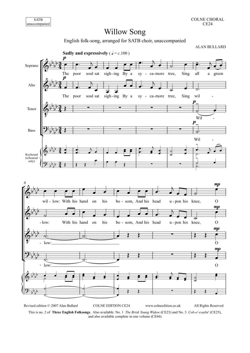 Willow Song, folk-song arranged for SATB unaccompanied image number null
