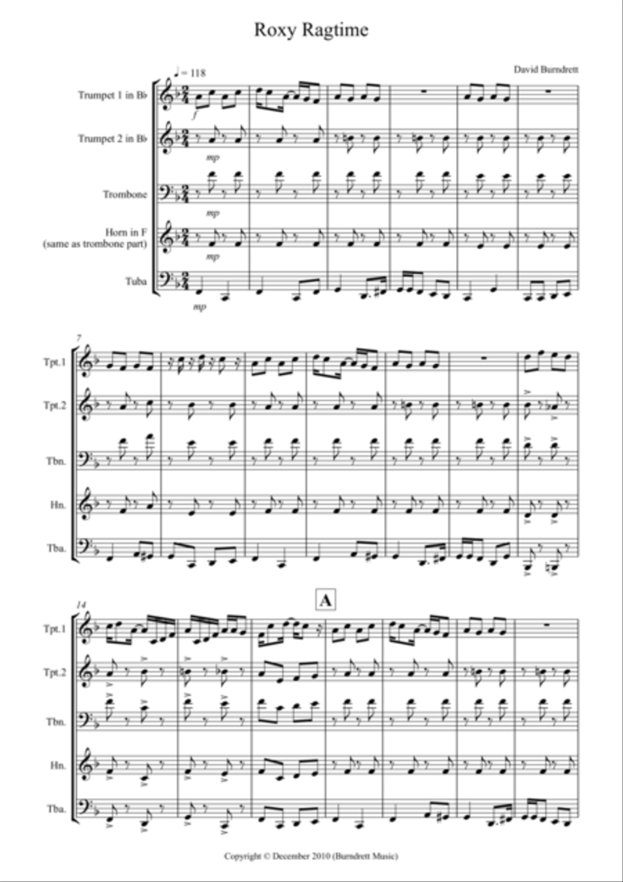 Roxy Ragtime for Brass Quartet Brass Quartet scores gallery preview page 1