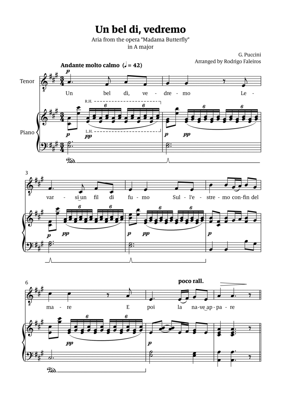 Un Bel Di Vedremo (from Madama Butterfly) - for Tenor - in A major Voice scores gallery preview page 1