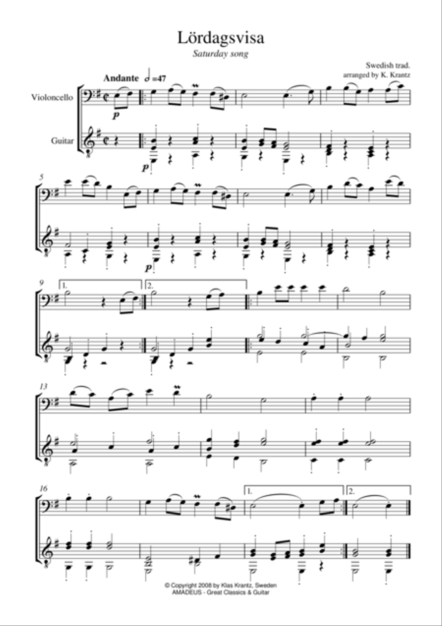 Lördagsvisa / Saturday Song for cello and guitar String Duet scores gallery preview page 1