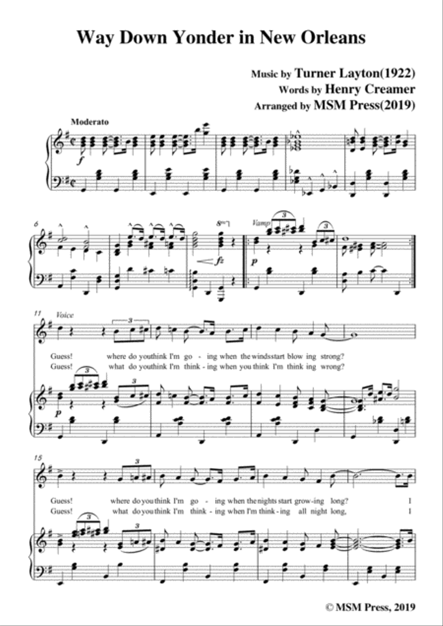Turner Layton-Way Down Yonder in New Orleans,in G Major,for Voice&Pno Voice scores gallery preview page 3