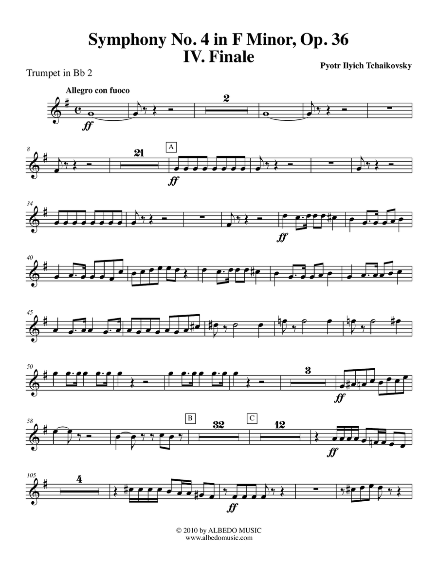‪Tchaikovsky‬ Symphony No. 4, Movement IV - Trumpet in Bb 2 (Transposed Part), Op. 36 B-Flat Trumpet scores gallery preview page 1