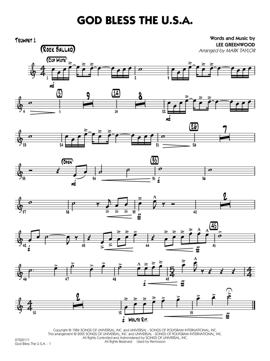 God Bless the U.S.A. (arr. Mark Taylor) - Trumpet 1 Jazz Ensemble scores gallery preview page 1
