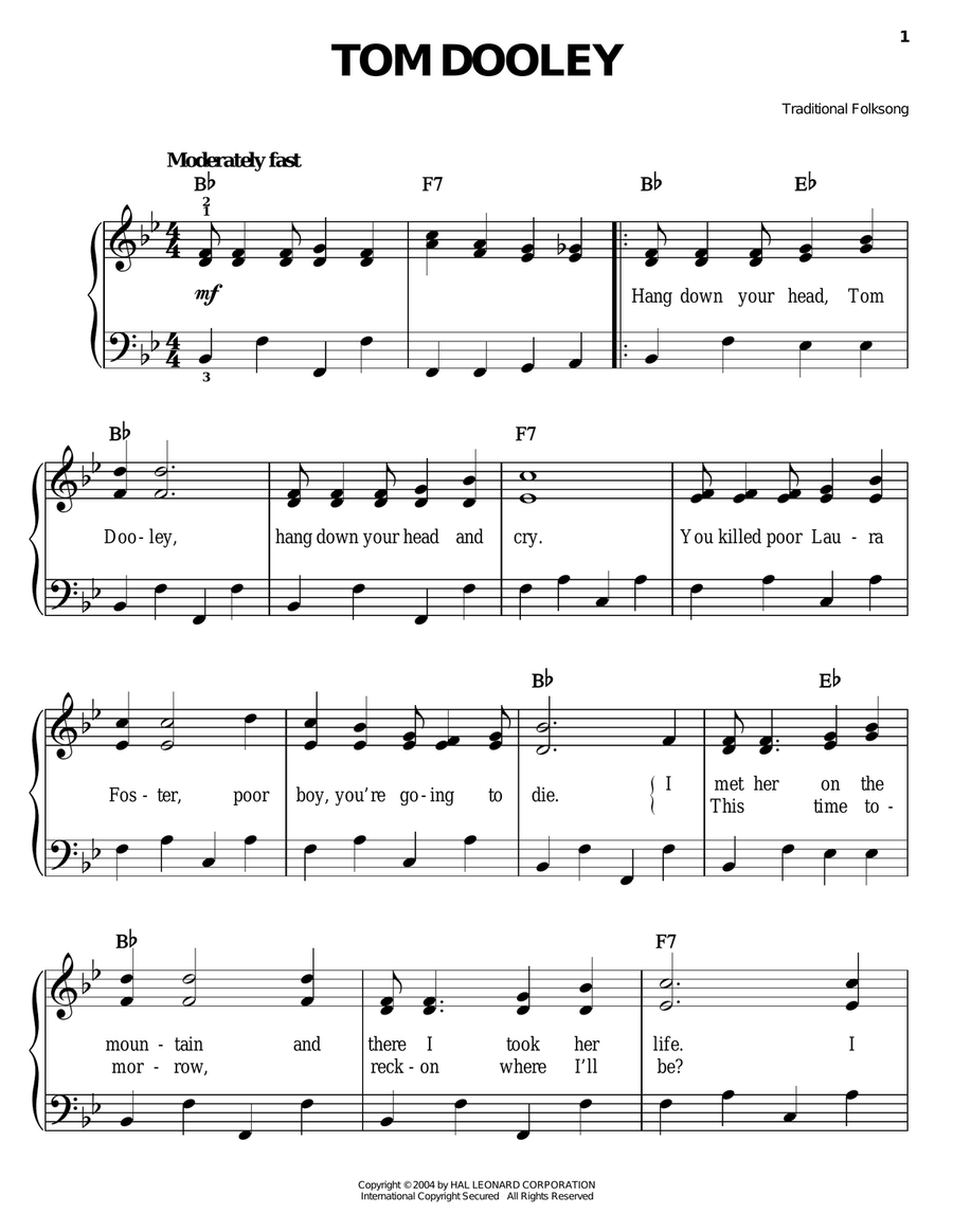 Tom Dooley Easy Piano scores gallery preview page 1