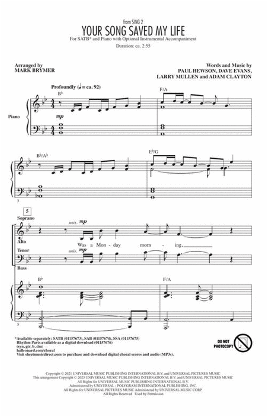 Your Song Saved My Life 4-Part scores gallery preview page 3