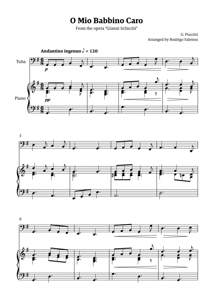 O Mio Babbino Caro - for tuba solo (with piano accompaniment) image number null