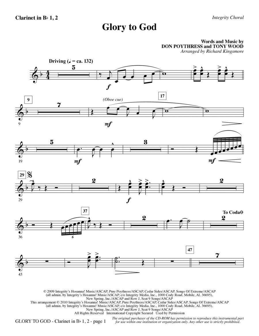 Glory To God - Clarinet 1 & 2 Choir scores gallery preview page 1