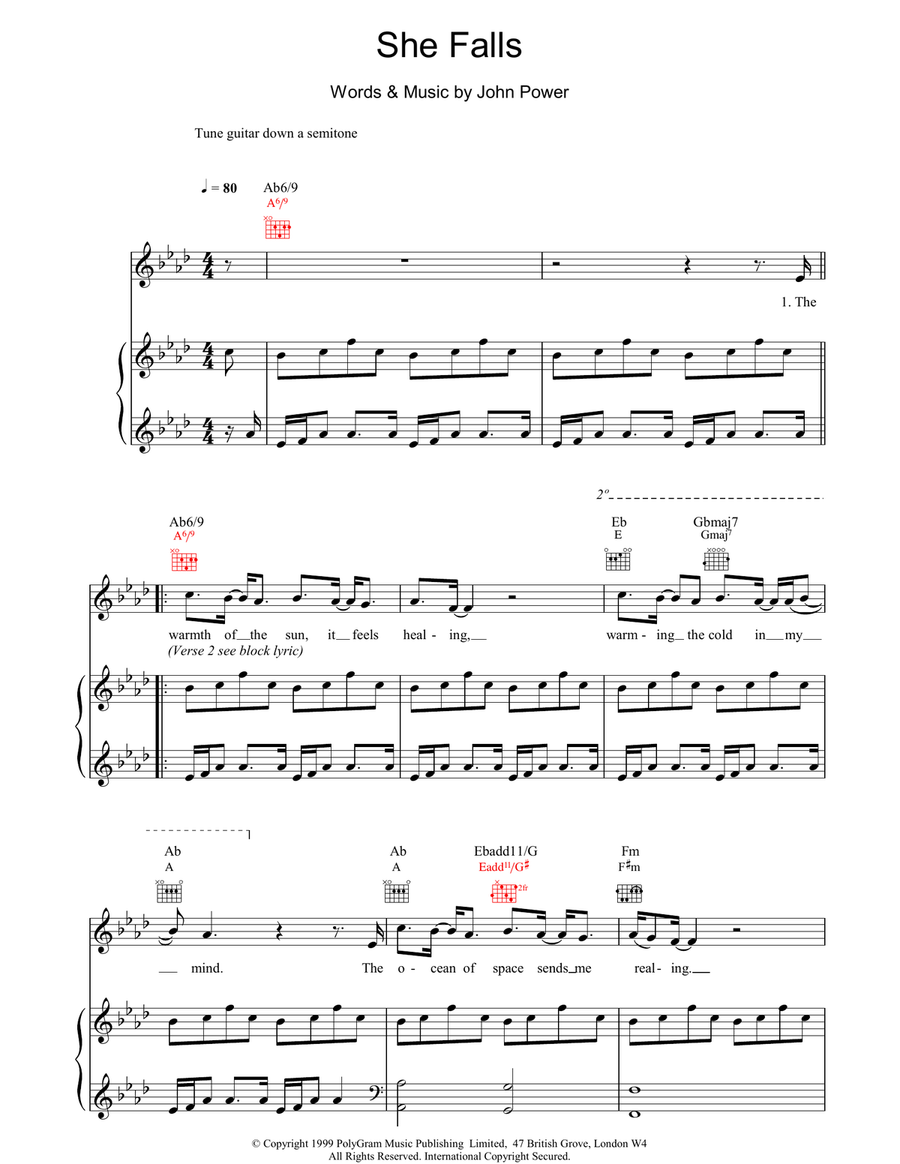 She Falls Piano, Vocal, Guitar scores gallery preview page 1
