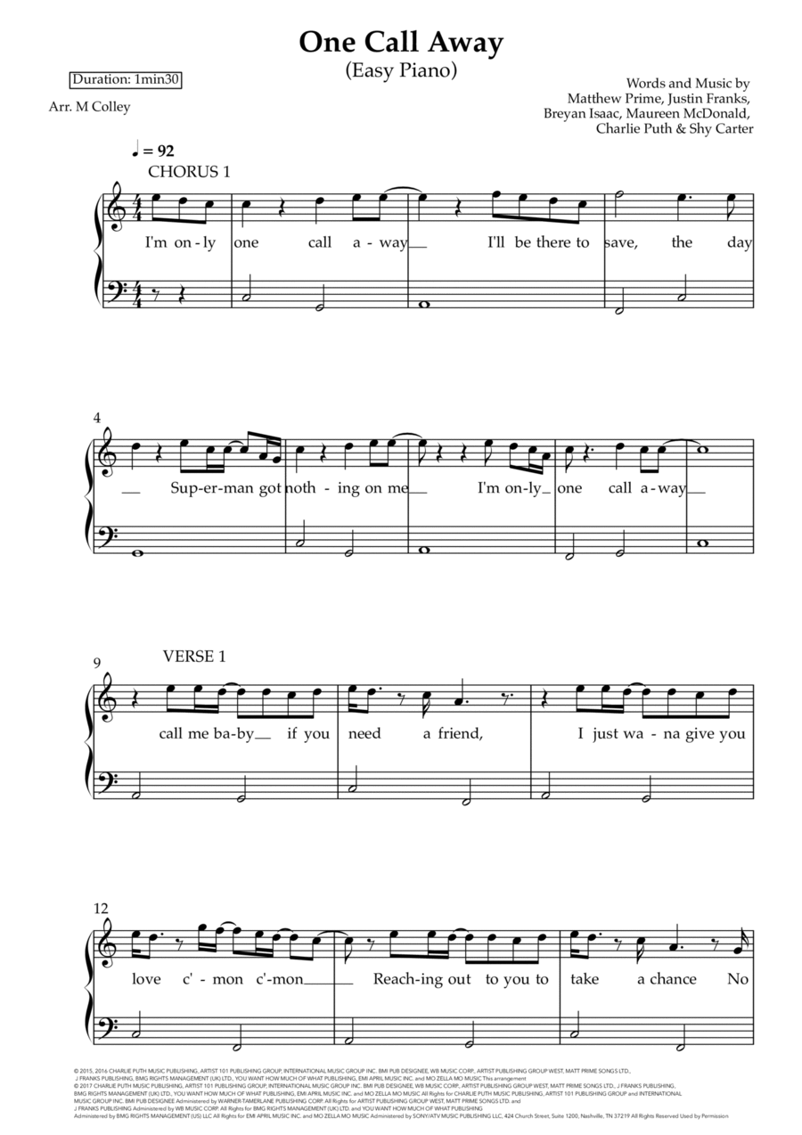 One Call Away One Call Away Easy Piano scores gallery preview page 1