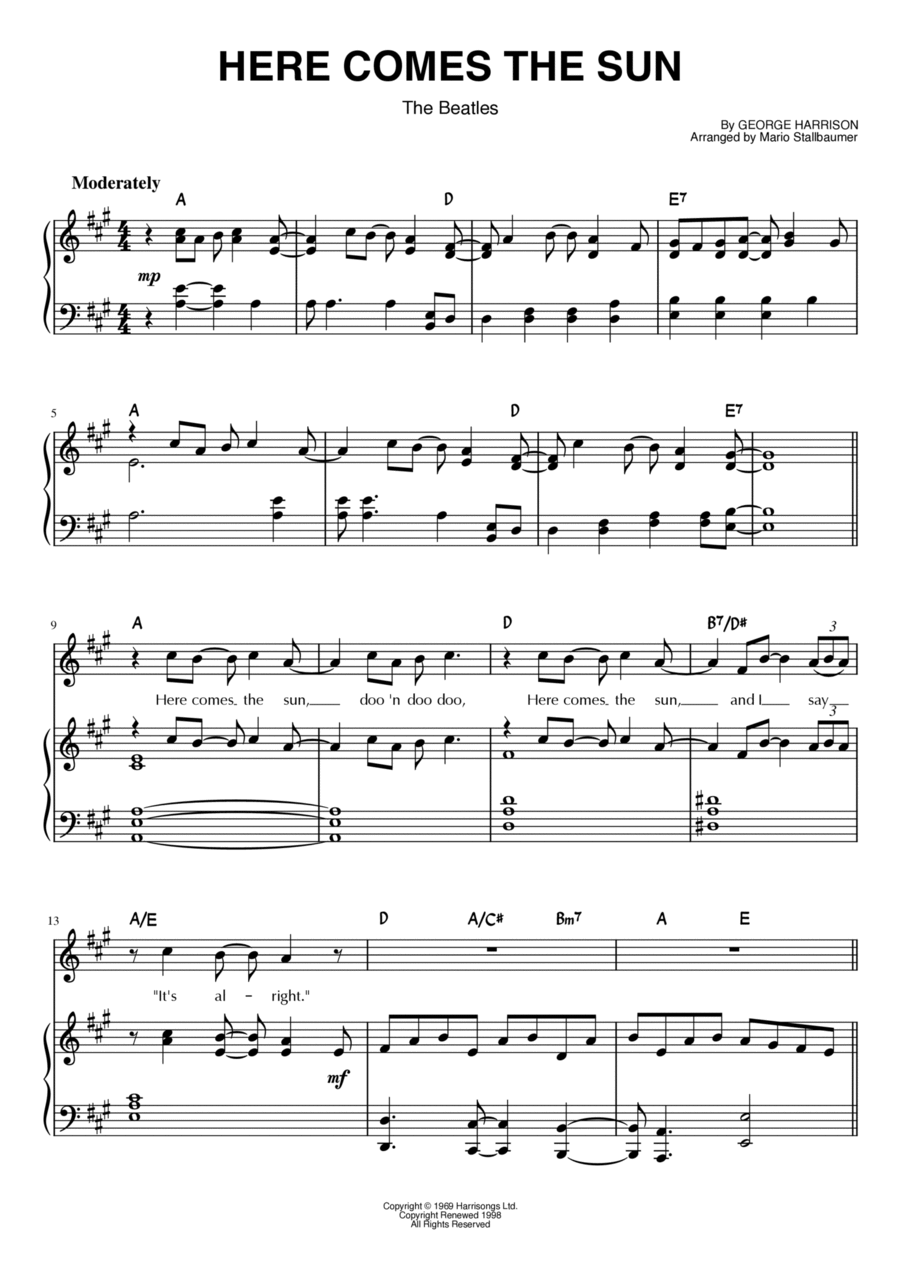Here Comes The Sun Piano, Vocal, Guitar scores gallery preview page 1