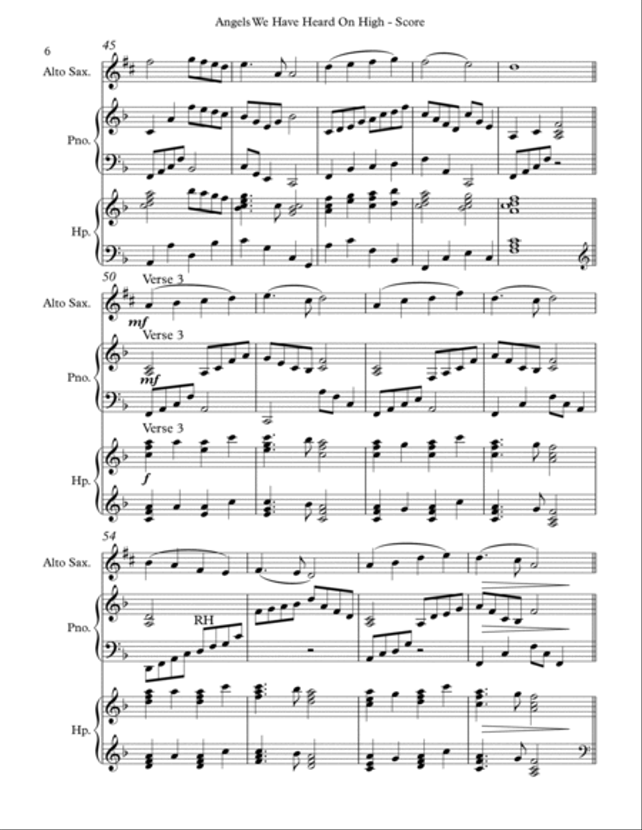 Angels We Have Heard On High, Trio for Eb Alto Saxophone, Harp and Piano Alto Saxophone scores gallery preview page 6