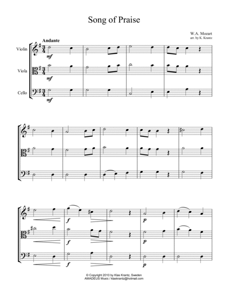 Song of Praise/Hymn Song for string trio (quartet) K. 623a (Austrian National Anthem) image number null