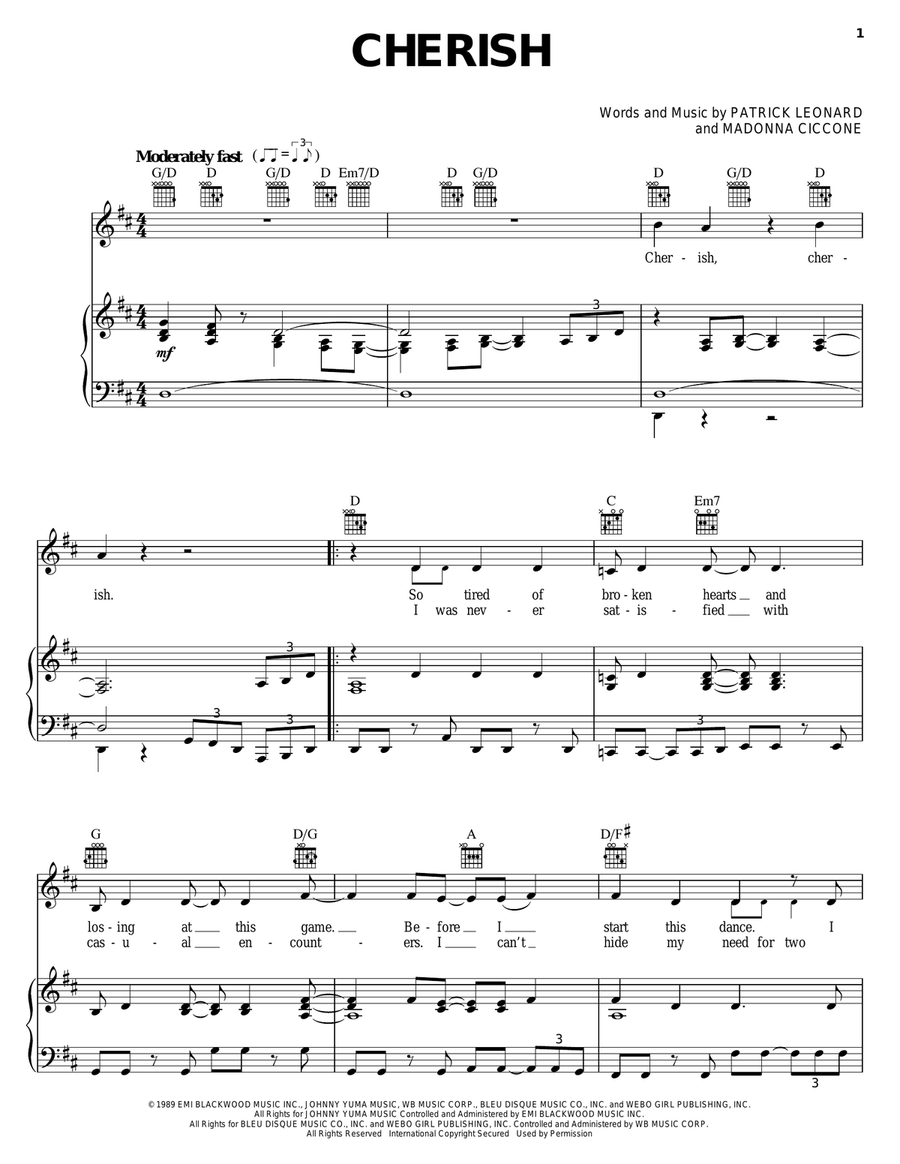 Cherish Piano, Vocal, Guitar scores gallery preview page 1