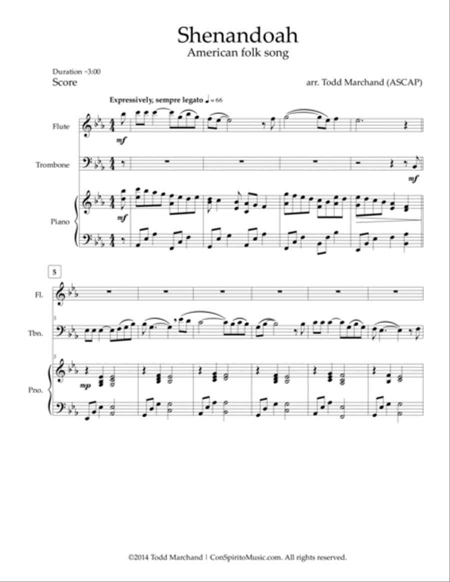 Shenandoah - trombone, flute, piano Flute scores gallery preview page 3