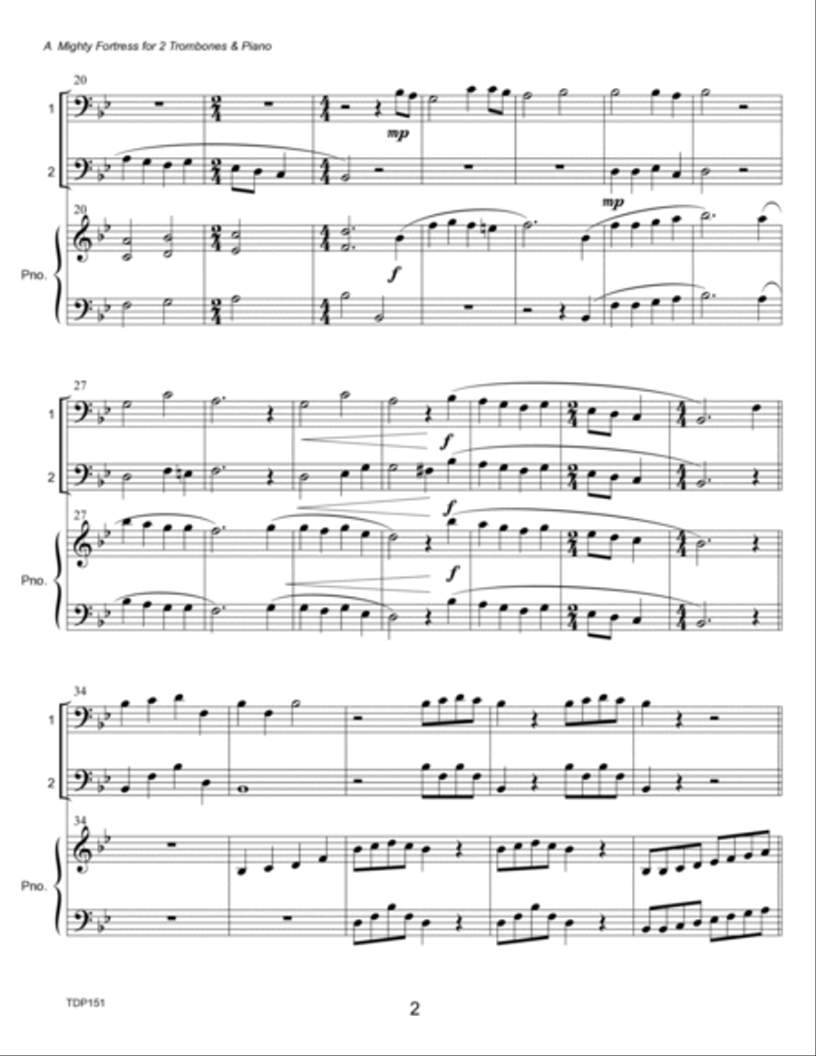 A MIGHTY FORTRESS - TROMBONE DUET with Piano Accompaniment (Grade 2-) Trombone Duet scores gallery preview page 2