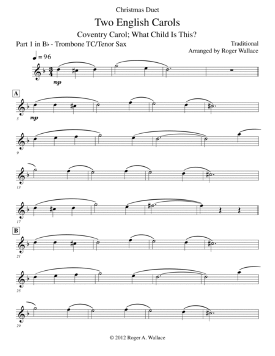 Two English Carols (Coventry Carol; What Child Is This?) Trombone Duet scores gallery preview page 6
