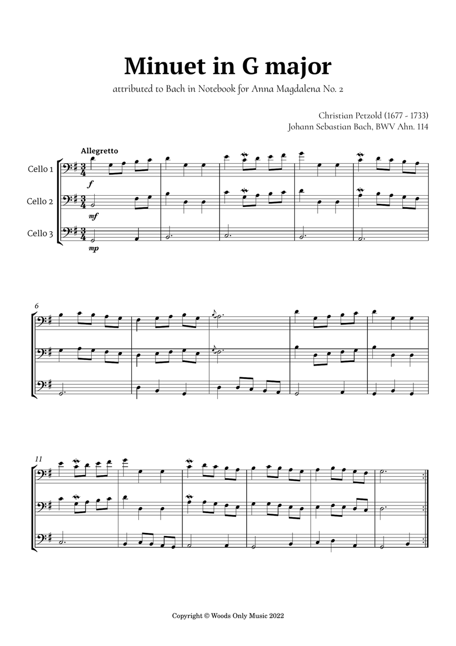 Minuet in G major by Bach for Cello Trio String Trio scores gallery preview page 2