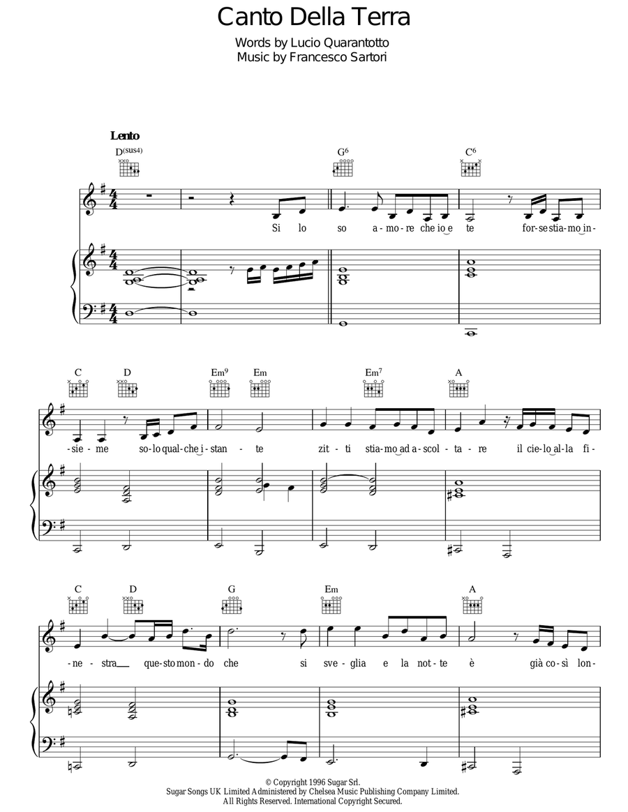 Canto Della Terra Piano, Vocal, Guitar scores gallery preview page 1