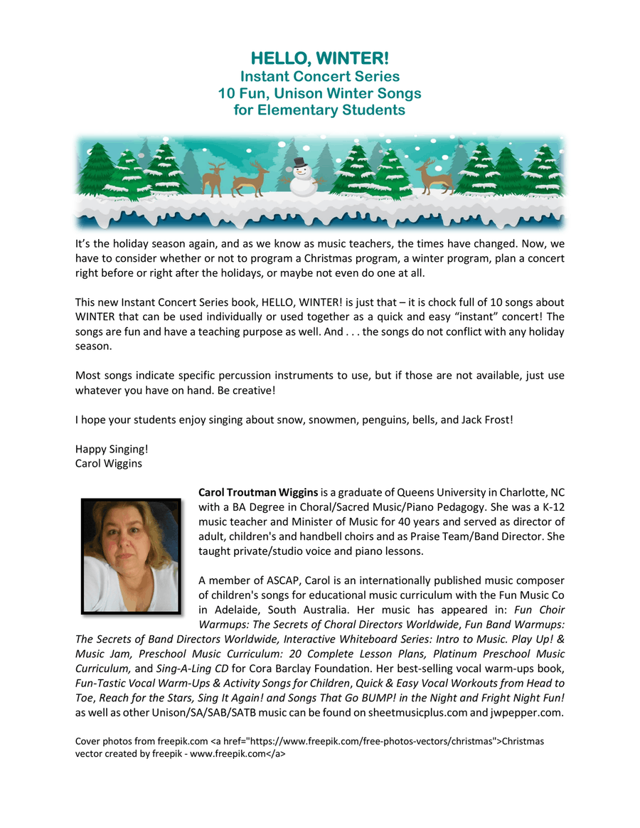 Hello, Winter! Instant Concert Series (10 Fun, Unison Winter Songs for Elementary Students) Unison Choir scores gallery preview page 4