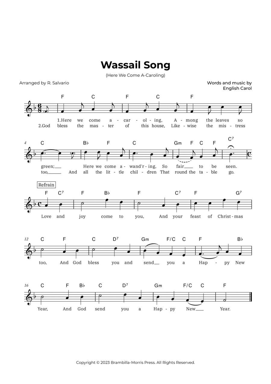 Wassail Song (Here We Come A-Caroling) - Key of F Major Piano scores gallery preview page 1